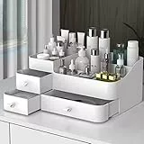 Queta Make-up-Organizer Große Kosmetik-Aufbewahrungsbox mit Kapazität 8 Gitter und 3 Schubladen, passend für Schmuck, Pinsel, Lippenstifte, Cremes, Schreibwaren (34 x 15 x 22cm)