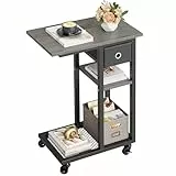 YITAHOME Beistelltisch, C-Form Sofatisch mit Rollen und Schublade，Wohnzimmertisch für Kaffee und Laptop，für Wohnzimmer, Schlafzimmer，50 x 30 x 67cm, Grau
