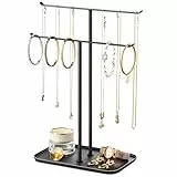 Schmuckständer in Schwarz, 2-stöckiger Schmuckbaum & Kettenhalter mit Tablett – Kettenständer zur Aufbewahrung von Halsketten, Armbändern, Ohrringen und Ringen, ideal für Schminktisch oder Kommode
