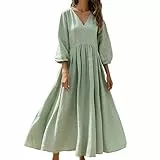 Jamicy 3/4 Arm Baumwolle Leinen Kleider Damen Sommer Leinenkleider Leicht Und Luftig Sommerkleider V-Ausschnitt Damenkleider Hohe Taille Kleid Strand Maxikleid Loose Strandkleid Mintgrün L