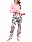 Litherday Schlafanzug Damen Lang Pyjama Baumwolle Pyjamas Set Langarm Nachtwäsche Set Zweiteiliger mit Damen Pyjamahose und Shirt Casual Elastischer Bund Sleepwear