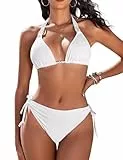 CMTOP Bikini Damen Set Neckholder Triangel Bikini Badeanzüge String Bikini Verstellbare Schnürung Hohe Taille Kordelzug Bikinihose Sexy Swimsuit Zweiteiliger Badeanzug mit Perlen(Weiß_1, L)