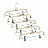 Relaxdays Hosenbügel Holz 5er Set, verstellbare & gummierte Clips, 360° drehbarer Haken, Kleiderbügel, 37cm breit, Natur