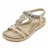 Acfoda Damen Sandalen Sommer mit Strass Bohemian Sandaletten Flach Offene Sommerschuhe Frauen mit Weiches Fußbett Outdoor Freizeit Strand Schuhe Beige 38 EU = 39 CN