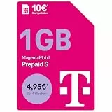 Deutsche Telekom MagentaMobil Prepaid S mit 1 GB Highspeed-Volumen I Surfen mit 5G/ LTE Max & Flat ins Mobilfunknetz (Min., SMS) + 50 Freiminuten in alle Anderen dt. Netze I 10 EUR Startguthaben