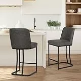 ALPHA HOME 2er Set Barhocker Frühstücks-Barhocker Pu-Leder Küchenhocker mit Rückenlehne Bar hocker mit Fußstütze für Küchentheke Stabiles Metall-Stahlgestell, Grau