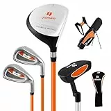 COSTWAY 5-teiliges Kinder Golfschläger Set, Golf Set Rechtshänder mit 3 Fairway, 7/9 Eisen, Putter, Regenhaube & Golftasche, Golfschlägersätze für Kinder von 8-10 Jahren (Orange)