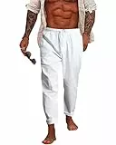 NANAMEEI Leinenhose Herren Sommer Lang Regular Fit Strandhose Yoga Freizeithose Weiß 3XL