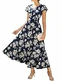 GRACE KARIN Damen Rüschenärmel V-Ausschnitt Midikleid A-Linie Blume Sommerkleid Mit Taschen Marineblau–Weiß Blumen XL