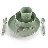 reer Kindergeschirr Set | Motiv: Little Explorer | Biokunststoff-Geschirr für Kleinkinder aus 100% ISCC-zertifiziertem Material | 5-teilig | BPA-frei | spülmaschinengeeignet