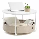 VASAGLE LILEA Kollektion - Couchtisch rund, Tisch mit Stauraum, Beistelltisch, Wohnzimmertisch mit Korb aus Stoff, modern, Metallrahmen, mattweiß-Kamelbraun LCT244W10