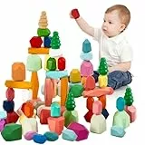 RunHero 58 Stück Stapelsteine Balanciersteine Montessori Holz Bauklötze Spielzeug für Kinder Stapelturm Grimms Holzbausteine Stapelsteine Motorikspielzeug Geschenk für Baby ab 3+ Jahr