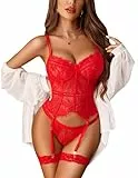 Avidlove Damen Dessous Set Spitze Body Corsage Sexy Unterwäsche Curvy Bodysuit Teddy Reizwäsche Babydoll Lingerie Frauen Strapsen Set Rot S