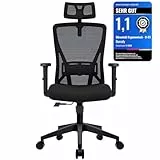 Durrafy Bürostuhl Ergonomisch, Drehstuhl mit Mesh, Lenden- und Kopfstütze, Schreibtischstuhl mit klappbare Armlehnen, Gepolstertem Sitzkissen, 360° Drehstuhl für das HomeOffice, Schwarz