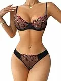 ROSVAJFY Sexy Dessous-Sets für Damen Blumen Bestickt Netz 2 Teiliges Unterwäsche Set Bügel BH und Slip Set Transparent Spitze Reizwäsche Flirty Lingerie Frauen Babydoll Dessous S-XL (Schwarz, M)