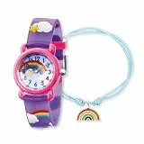 Engelsrufer Herzengel Kinder Uhrenset mit Regenbogenmotiven - analoge Armbanduhr, robustes Kunststoffgehäuse, weiches Band, 27mm, 3ATM mit passendem Nylonarmband und Stiftemäppchen