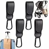 4 Stück Kinderwagen Haken für Taschen, Universeller Karabiner Kinderwagen, Leder Kinderwagenhaken, Klettverschluss Haken für Kinderwagen und Koffer (Schwarz)