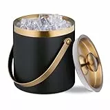 Relaxdays Eiswürfelbehälter, Edelstahl, doppelwandig, Eiseimer mit Deckel & Henkel, 1,5 l, Eiswürfelkübel, schwarz/Gold