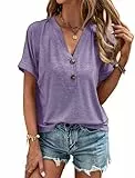 VEUNCOS T-Shirts für Damen V-Ausschnitt Kurzarm Shirt Locker Sexy Oberteile Lila XL