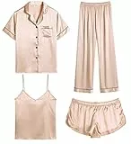 SWOMOG Schlafanzug Damen Kurz Satin 4 Stück Pyjama Sets Silky Cami Weste and Shorts Nachtwäsche Frauen Hausanzug