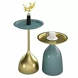 Ginhow Couchtisch 2er Set, Blau und Gold Tisch Wohnzimmer | Wohnzimmertisch Rund – Modernes Design | Couchtisch Klein Metall mit Tischkante (Ф40 x 60H cm & Ф40 x 42H