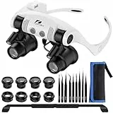 Pancellent Uhrenreparaturlupe, Kopfhalterung, Lupe, 4 abnehmbare Linsen, 2 LED-Lichter, Freisprech-Lesebrille zum Lesen, Schmucklupe, elektronische Reparatur (10-Fach, 15-Fach, 20-Fach, 25-Fach)
