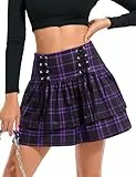 KOJOOIN Damen Gothic Rock Mini Kariert Faltenrock A-Linie Hohe Taille Skirt Cosplay Kleid zum Schnüren Grape XXL