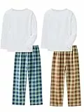 LOLPIP Jungen Pyjamas 4-teiliges Set Kids Kleidung Stretch Ribbed Baumwolle Schlafkleidung Langärmelige weiße Top Checkered Hosen Nachtkleidung 7 Jahre