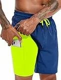 Atforna Badehose Herren Kurz Badeshorts mit Kompressionsliner 2 in 1 Schwimmhose Schnelltrocknend Männer Strand Surfen Strandhose mit Reißverschlusstasche Kobaltblau L