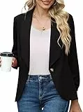 PrinStory Blazer für Damen 3/4 - Geraffte Ärmel Blazer für Geschäft & Büro - Sportlich & Anzug - Trenchcoat (Schwarz, EU 36-38)