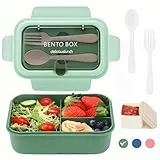 Bugucat Brotdose Kinder 1200 ML, Auslaufsichere Lunchbox Brotdose mit 3 Fächern, Bento Box Vesperdose Erwachsene mit Besteck, Jausenbox Frühstücksbox für Kindergarten & Jungen, Grün