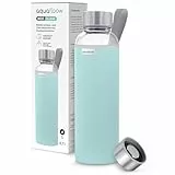 Aquafloow Wasserflasche aus Glas 700 ml mit Neoprenhülle, Transparente trinkflasche Glas mit Bambusdeckel | Ideal flasche für Büro, Outdoor, Schule, für Kohlensäurehaltige Getränke – Hellblau