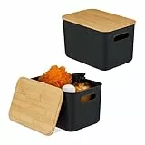Relaxdays Aufbewahrungsbox, 2er Set, mit Deckel, Kunststoff & Bambus, mit Griffen, Organizer, HBT 16x26x17,5 cm, schwarz