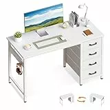 ODK Kleiner Schreibtisch mit 4 Schubladen, 100x48x75.7cm Computertisch Umkehrbarer Bürotisch mit Kopfhörer Halter, PC Tisch Holz für Heimbüro, Weiß