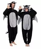dressfan Erwachsene Drache Onesie Kostüm Strampler Pyjama Halloween Karneval Cosplay Kostüm Tier Familie Paar Pyjama Strampler für Damen und Herren,Schwarz,XL