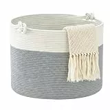 COSYLAND Aufbewahrungskorb Groß für Wohnzimmer, geflochtener Wäschekorb aus Baumwollseil, Wollkorb/Spielzeugkorb, Deckenkorb Wohnzimmer/Korb für Decken, 56×36 cm, Weiß Grau