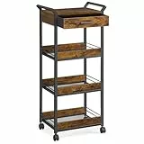 VASAGLE Rollwagen, Küchenwagen 4 Ebenen, Servierwagen mit Bremsen, Holzspanplatte, obere Schublade, Aufbewahrungsregal für Küche, Badezimmer, Schlafzimmer, vintagebraun-tintenschwarz LRC049K01