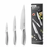 hecef Messerset 3 tlg, Scharfe Küchenmesser mit Edelstahlklinge und hohlem Griff, Kochmesser Set mit Klingenschutz, 20cm Chefmesser, 12.7cm Allzweckmesser und 8.9cm Gemüsemesser, Silber