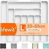 Lifewit Besteckkasten für Schublade, Verstellbarer Besteckhalter Kunststoff Besteckständer, Breite von 33 auf 57 cm, Utensilienhalter Küche Tiefe 38 cm, Küchen Organizer für Löffel/Gabeln, Weiß