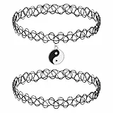 DIVINA VITAE 2 Stück Schwarze Tattoo Kette Choker Kette Damen Stretch Schmuck 90s Halskette für Damen Teenager Mädchen Schwarze Anhänger Schmuck für Sommerstil Tattoo Choker Halsband