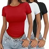 YGOODM Tshirt Damen, 3 Pack Basic Tshirt Kurzarm Tops Slim Fit Einfarbig Oberteile Female Top mit Rundhalsausschnitt