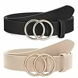SUOSDEY 2 Pack Ledergürtel weiches Leder Damen Gürtel mit runder Schnalle zwei Ringen, Jeansgürtel für Frauen,Schwarz Beige