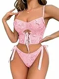 HOTSO Dessous Set 2 Teiliges für Damen Sexy Transpatente Florale Bestickte Spitze BH und Panty Sets Frauen Push Up Reizwäsche Babydoll Nachtwäsche V-Ausschnitt Unterwäsche Weihnachten Weihnachtsmann