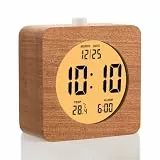 Plumeet Holz Digitalwecker, 10cm Batteriebetriebener Wecker mit Schlummer und Nachtlicht, Elektronische LCD Tischuhr mit Zeit, Datums, Tempe, 12/24 Stunden-Anzeige, Holzdekor, Quadratisch, Sapeli
