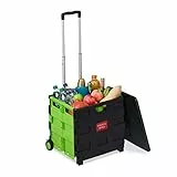 Relaxdays Einkaufstrolley klappbar, bis 35 kg, 50 l Kiste, mit Teleskopgriff, 2 Rollen, Transport Trolley, grün/schwarz, 1 Stück