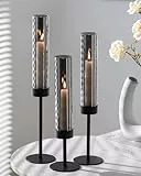 Romadedi Kerzenhalter Stabkerze Mit Glaszylinder Schwarz: 3er Set Kerzenständer Rauchglas für Stabkerzen Tischdeko Wohnzimmer Deko Stabkerzenhalter Glas Metall für Outdoor Weihnachten Esstisch Deko