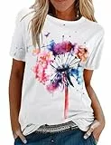Tuopuda Damen Oberteile Sommer T Shirt Kurzarm mit Rundhalsausschnitt Bunte Blumen Drucken T-Shirt Tee Tops Pullover Teenager Mädchen Pulli Tunika Freizeit T Shirts, Weiß- Buntes Löwenzahn, XXL