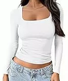 OYIGELZ Langarmshirt Damen Top Einfarbig Quadratischer Ausschnitt Tshirt Langarm Pullover Casual Elegant Basics Oberteile(Weiß-U1,L)