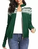 Sykooria Damen Strickjacke Weihnachten Cardigan Warm Winter Sweater mit Norweger Muster Zip Pullover Christmas Jacke Weihnachtsstrickjacke, Grün L
