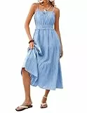 Kate Kasin Damen Sommer Ärmellos A-Linie Kleider Casual Maxi Baumwoll Freizeitkleid Hochzeit Strand Kleid mit Tasche Hellblau M